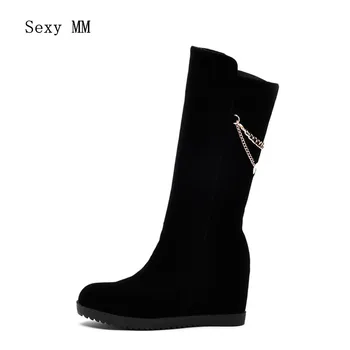 

Spring Autumn Women Knee High Boots Wedges Height Increasing Woman Thigh High Boots Ladies Shoes Plus Size 34-40.41.42.43