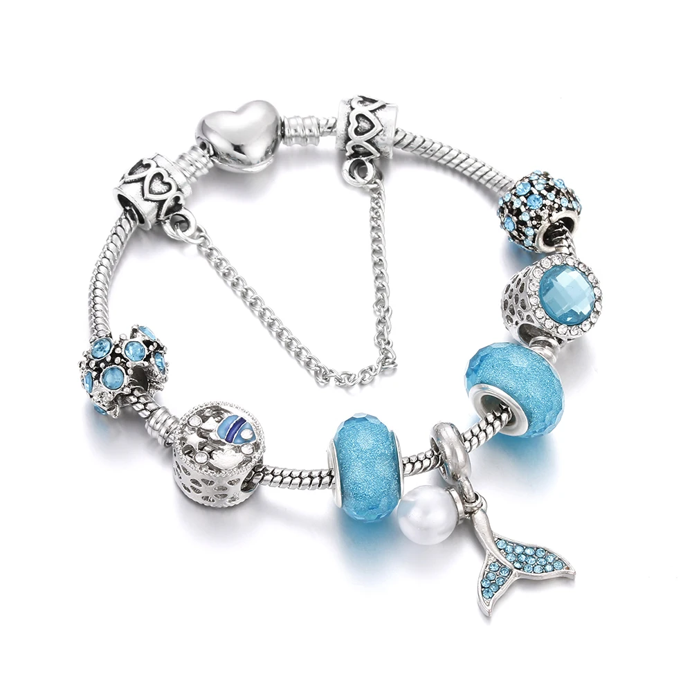 

Summer Beach Style Women Bracelet Ocean Animal Dolphin Starfish Shell Charm Jewelry Silver Bracelet&Bangle Romantic Crystal Bead