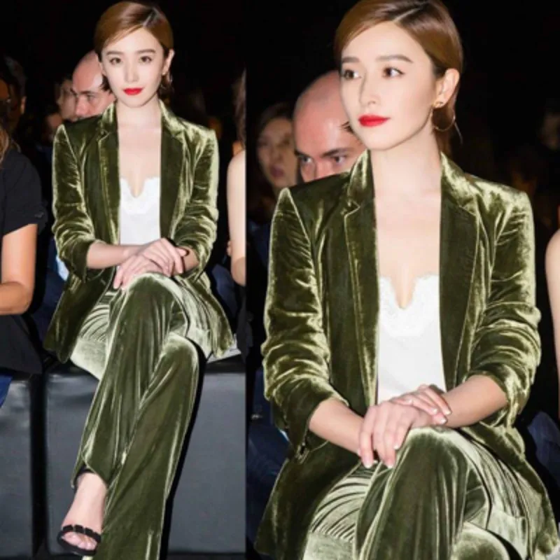 2 piece set women 2018 new style autumn gold velvet lady high-end Korean temperament leisure suit OL occupation fashion suits