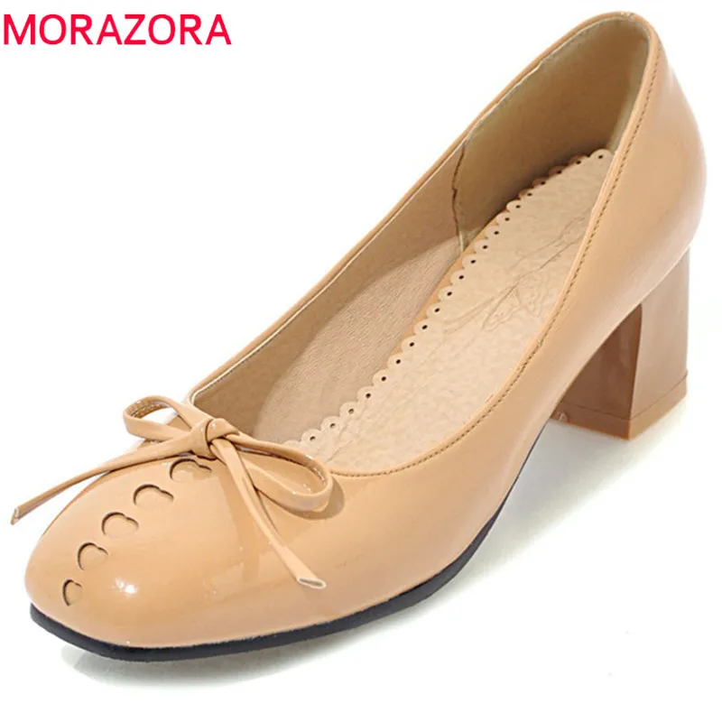 

MORAZORA 2018 new style women pumps spring summer simple pu fashion shoes sweet bowknot square toe shoes 5cm high heels shoes