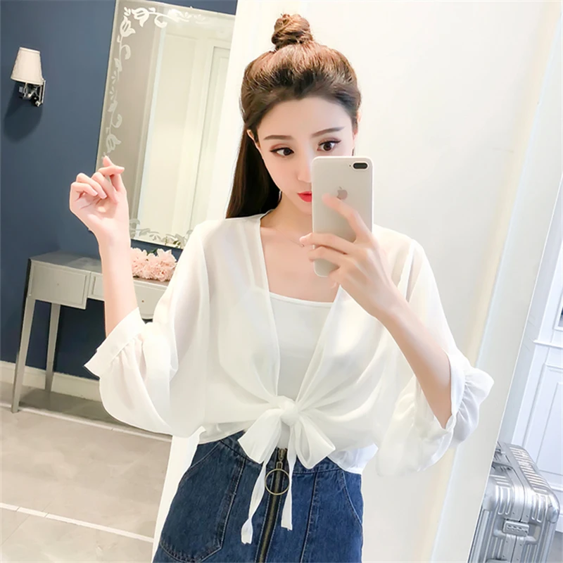 

MLXSLKY Small shawl female summer students loose chiffon cardigan puff sleeve sunscreen short thin coat womens thin cardigan