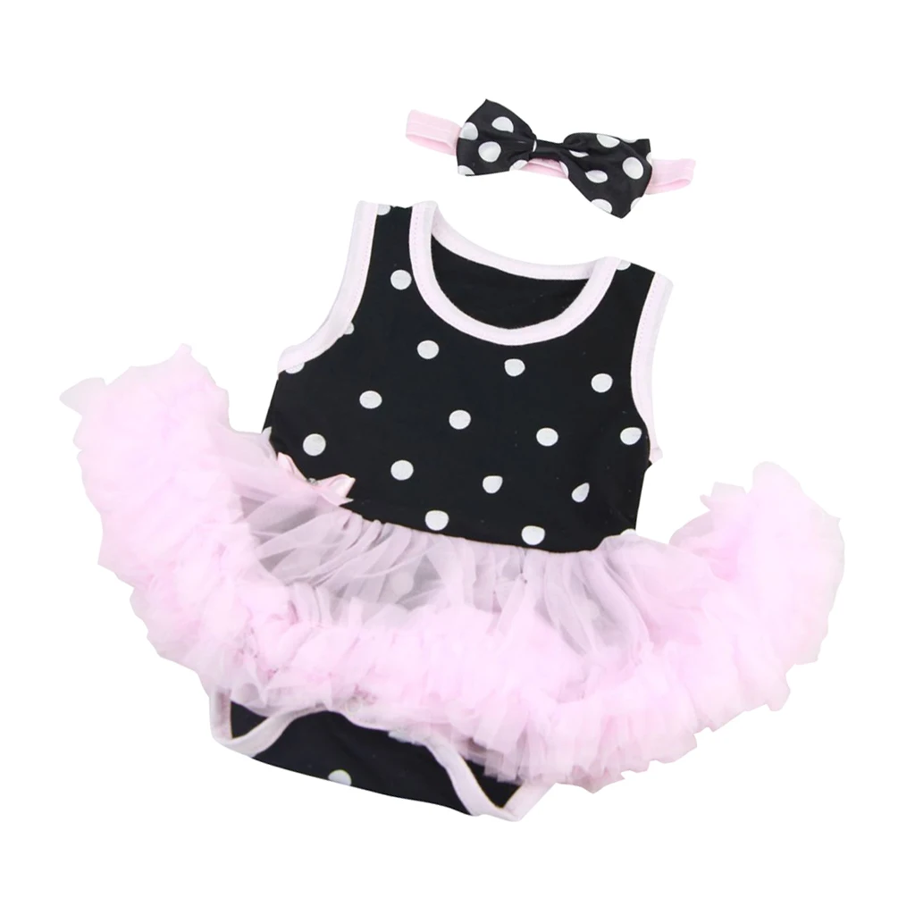 New Arivals Dotted Romper Dress Headband Clothes Set for 22''-23'' New Baby Girl Dress Up Outfit Dollfle Dolls Accessories