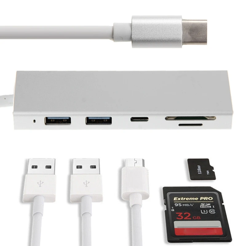 

5in1 SD USB Adapter Type C To USB 3.0 Hub Combo SD/TF Card Reader For MacBook Pro Chromebook HP