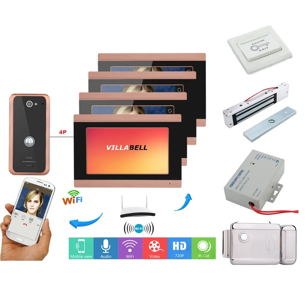

Home set 7inch 4 Monitors Wired Wifi Video Door Phone Doorbell Intercom Entry System Wired Camera Night Vision+Electric Lock