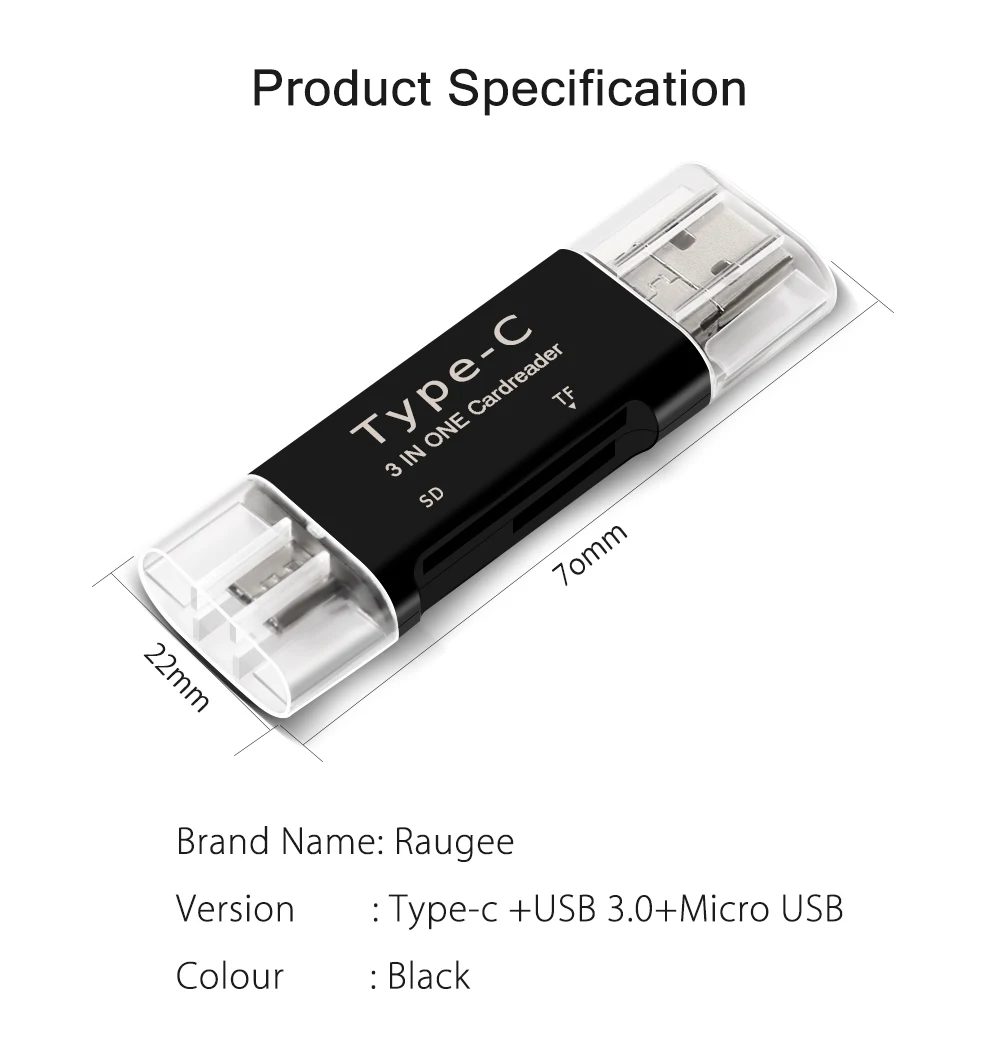 Raugee Тип C и Micro USB OTG Card Reader 3 в 1 USB-C 2,0 Универсальный TF SD чтения Разъем для мобильного телефона ПК Mac адаптер для компьютера