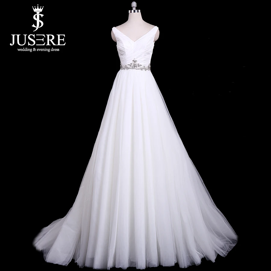 

Jusere In stock Cheap A Line Tulle Bridal Dresses Crystals Waist & Back Wedding Dresses Fast Shipping