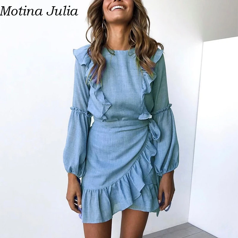 

Emizoe Ruffle wrap short dress women 2018 Autumn new pink mini party dresses Elegant sexy casual beach dress vestidos