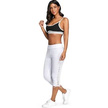 

Women Lace Up Capri Leggings Solid Slim Side Tied Leggings Mid Waist Cropped Trousers Skinny Elastic Leggings For Workout