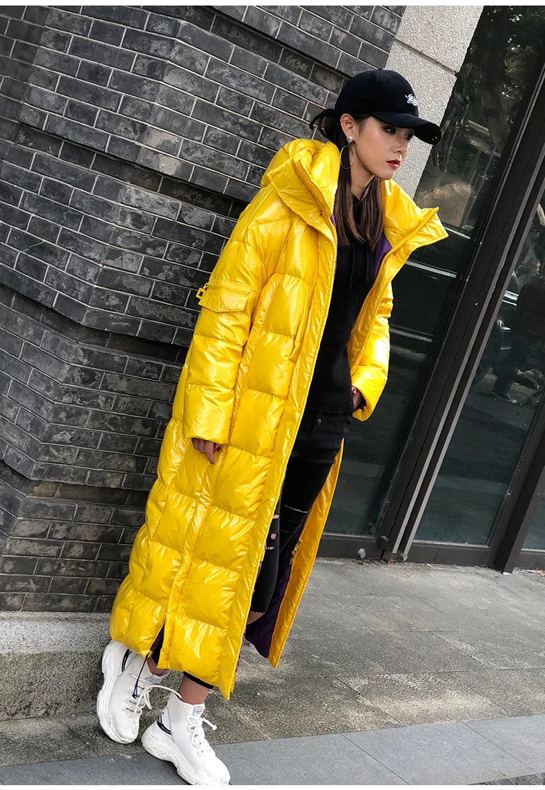 Зимняя модная женская пуховая хлопковая куртка Глянцевая теплая парка X-long с капюшоном толстое пальто женская уличная одежда с длинным рукавом