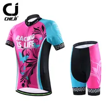 Women’s CHEJI Cycling Jersey Kits Bicycle Jersey Top & Bike Bicycle Shorts With GEL Pad S-XXL Pink Ladies’ Bike Clothes