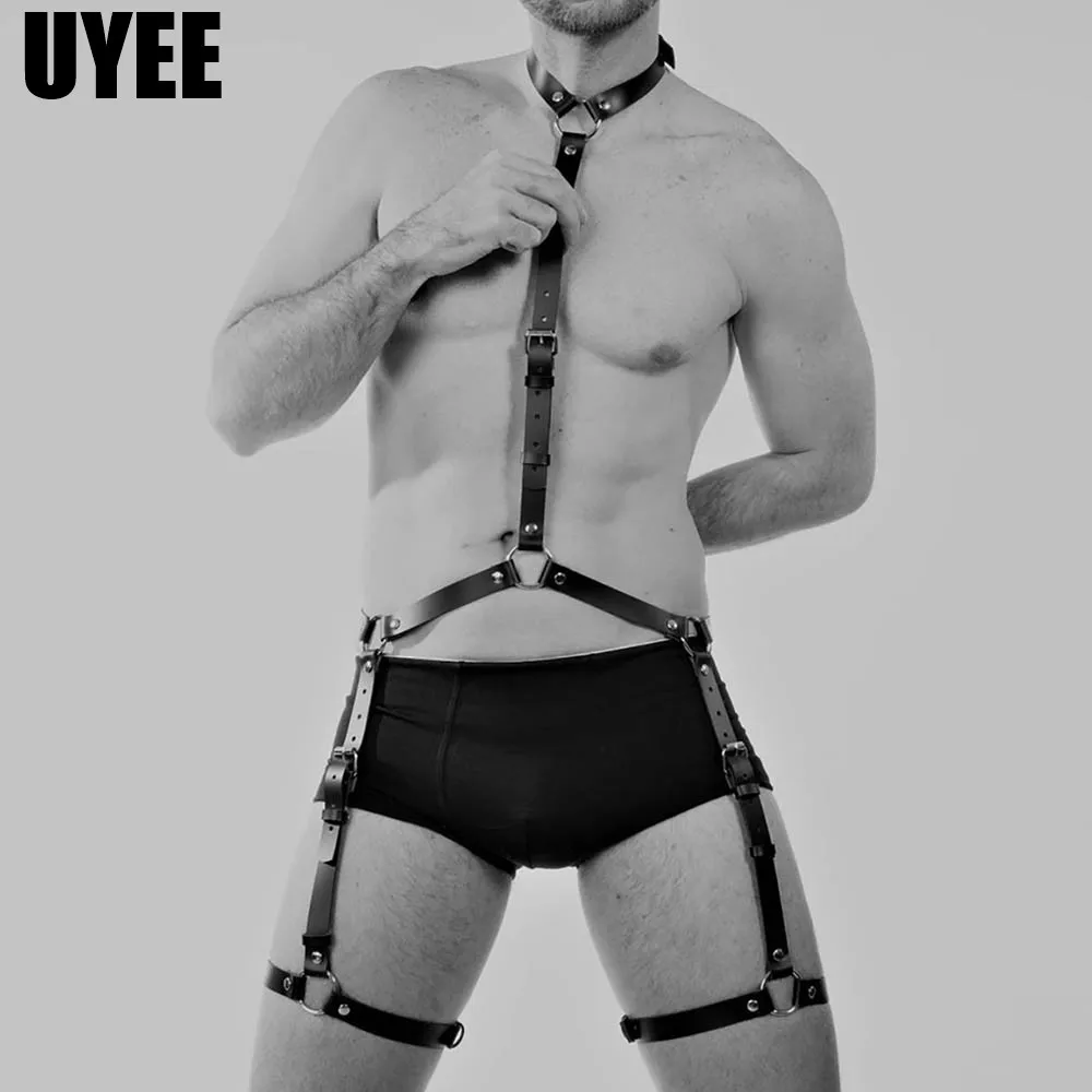 

UYEE Men Suspenders Leather Harness Garter Belts Lingerie Body Bondage Harness Males Stockings Adjustable Underwear Gothic Punk