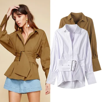 

SIPAIYA 2018 Sashes Blouse Female Early Autumn Lantern Sleeve Tunic High Waist Shirts With Wide Belt Fashion OL Tops Clothing