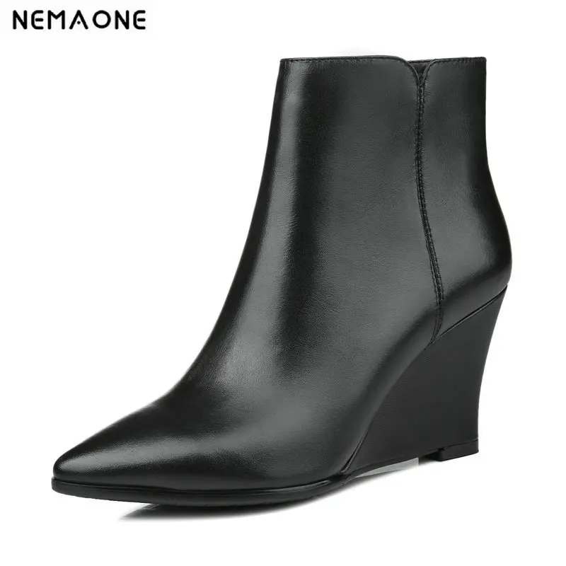 

NEMAONE Ankle Boots Women Wedges High Heels Party Wedding Shoes Woman Cow Leather Pointed Toe Elegant Office Pumps