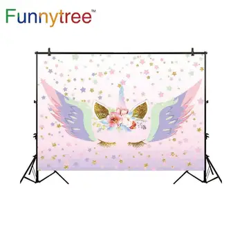 

Funnytree backdrop for photo photography studio unicorn wings birthday party stars pink flower background photophone photozone