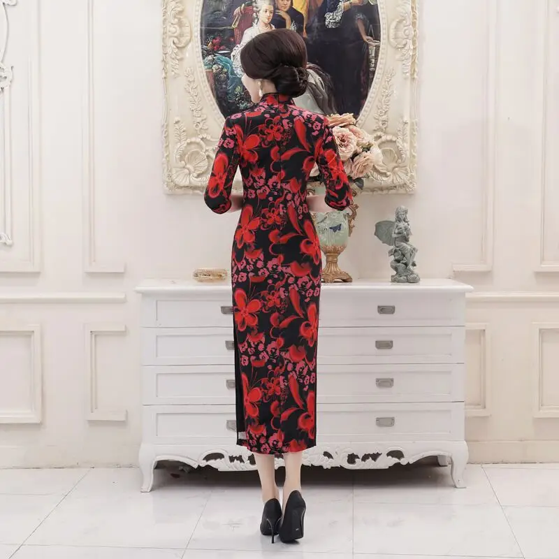 Новое поступление, женское велюровое длинное платье Cheongsam, модное платье в китайском стиле, элегантное платье Qipao Vestido, Размеры S M L XL XXL XXXL 4XL T0043