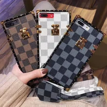 Stylish Luxury phone Case For iPhone 7 6S 8 Plus 7 8 X 10 Square Coque Vintage Plaid Pattern leather lanyard Cover All-inclusive