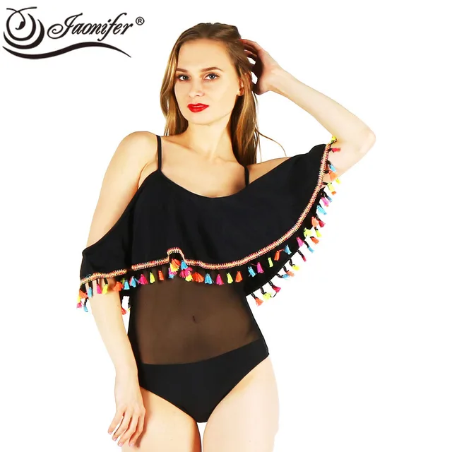 Cheap 2018 New Collateral Swimsuit Perspective Shoulder Pendant Ms. Tassel Swimsuit One-piece Suit