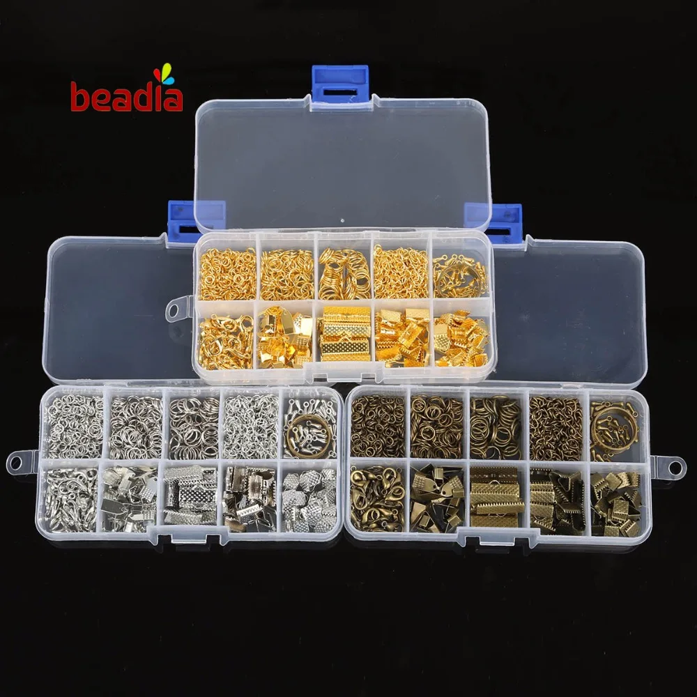 

For DIY Gold Rhodium Bronze Plated Jewelry Findings Making 1 Sets Clasps Ears Hooks Jumping Ring Metal Chain Beads Box Kit