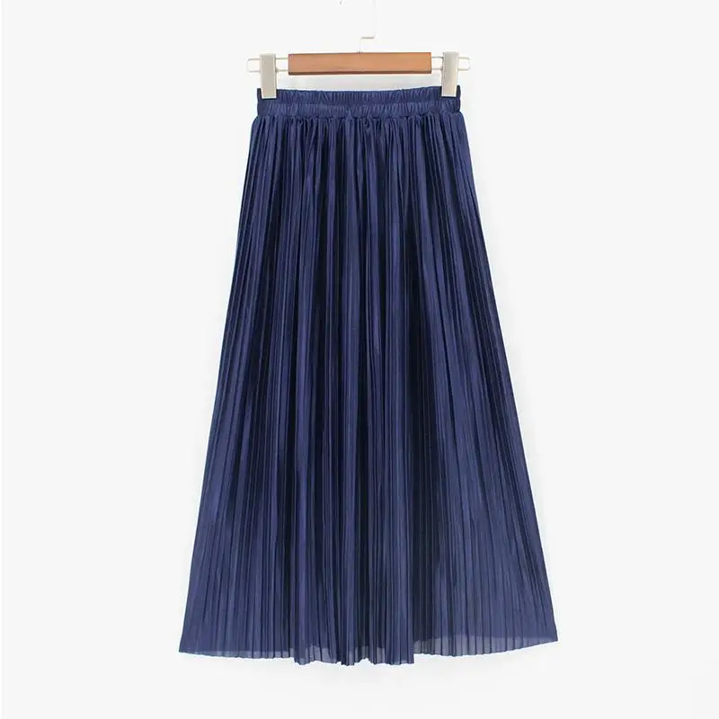 Новинка, женские модные длинные юбки, высокая талия, плиссированная юбка макси, блестящая шелковая юбка-пачка цвета металлик - Цвет: navy