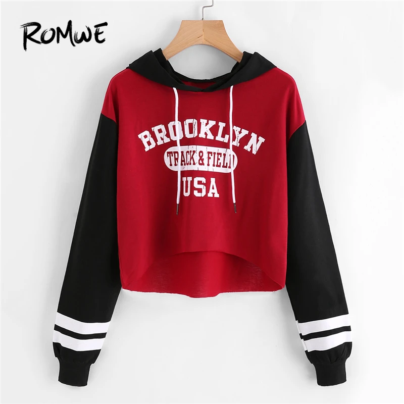 

ROMWE Autumn Women Clothes New Fashion Letters Hoodies Casual Patchwork Sweatshirts Hem Contrast Striped Crop Top Sweatshirt