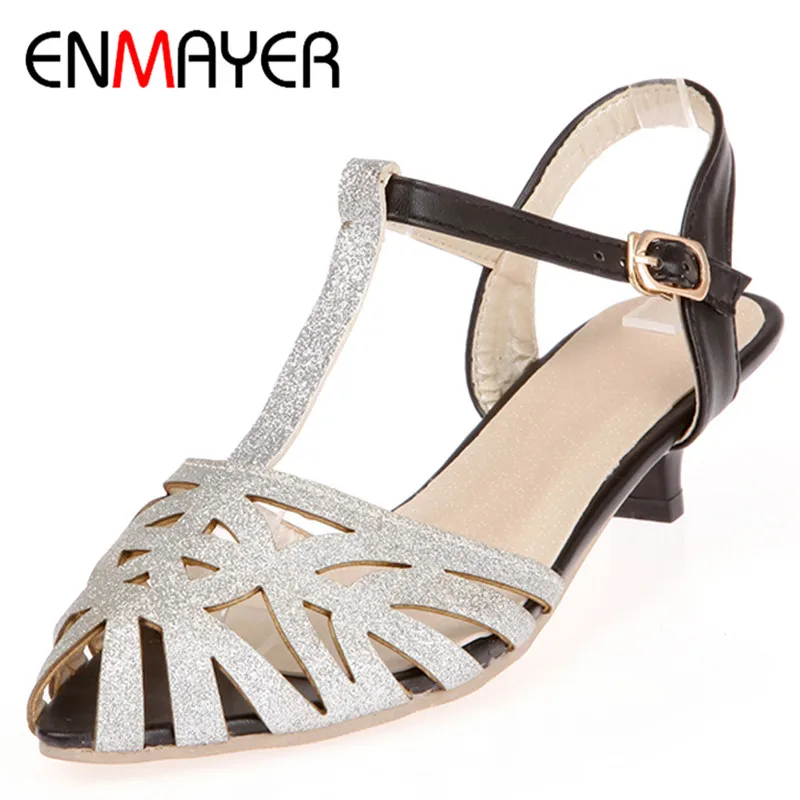 

ENMAYER Anke Strap Fishman Shoes Woman Low Heels Buckle Strap Summer Sandals Office Ladies Dance Shoes Large Size 34-43