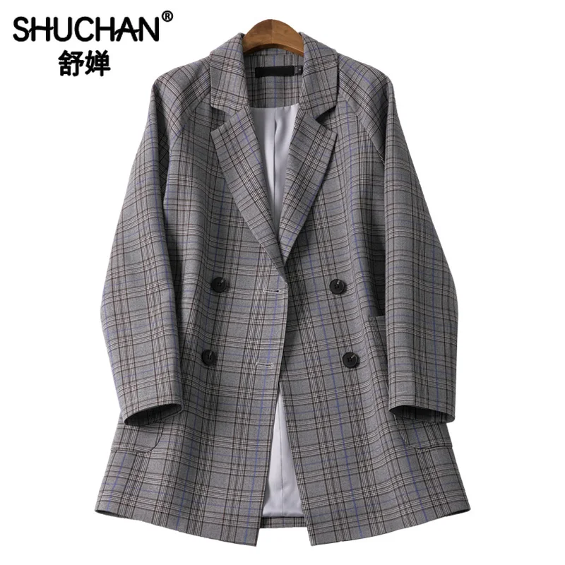 

Shuchan England Style Plaid Long Woman Blazer 2019 Double Breasted Notched Blaser Feminino Women's Jacket Casaco Feminino