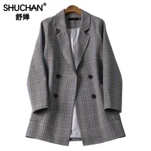Shuchan England Style Plaid Long Woman Blazer 2019 Double Breasted Notched Blaser Feminino Women's Jacket Casaco Feminino