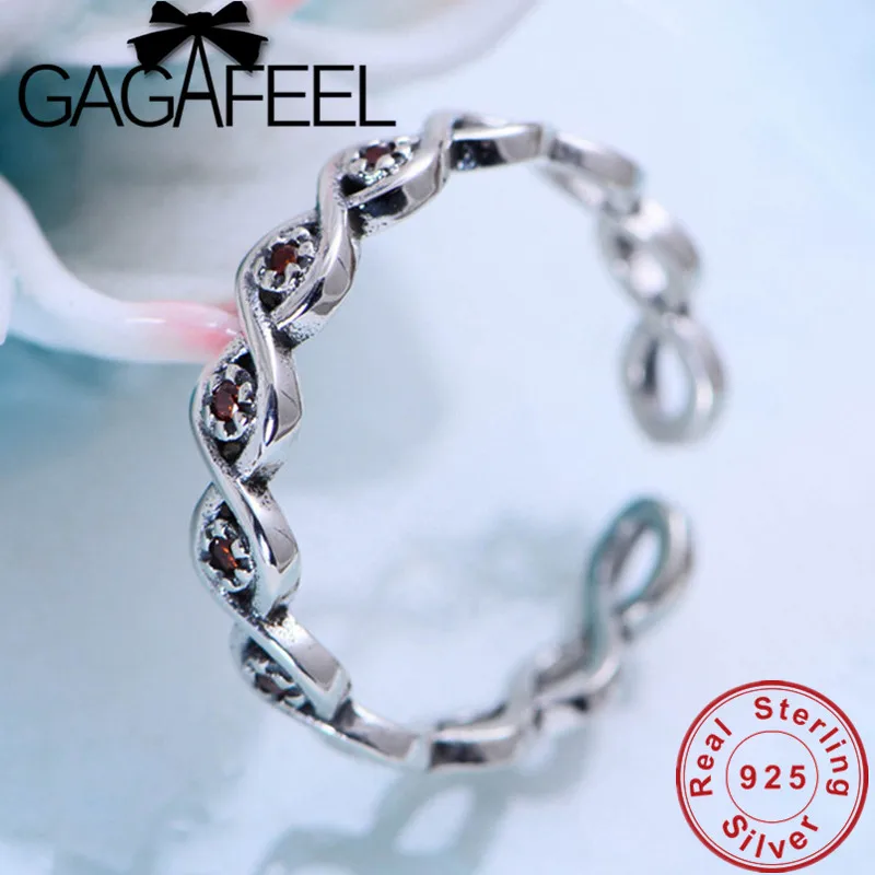 

GAGAFEEL Thai Silver Red Zircon Geometric Ring S925 Sterling Silver Rings for Women Female Fashion Jewelries