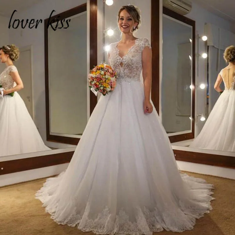 

Lover Kiss robe de mariage Gorgeous A Line Cap Sleeves Wedding Dress V Neck Appliques Illusion Back Beaded Bridal Gown Plus