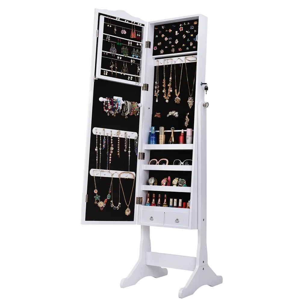  Lockable Jewelry Cabinet Organizer Storage Box Stand with Makeup mirror White Dresser Home Furnitur - 4000026933016