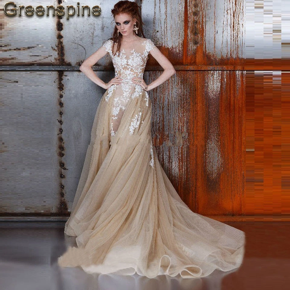 Champagne Wedding Dress With Detachable Skirt 2019 Vintage