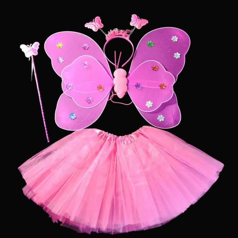 

Halloween Dance Costumes Cosplay Fairy Princess Kids Butterfly Wings +Wand+Headband+Tutu Skirt