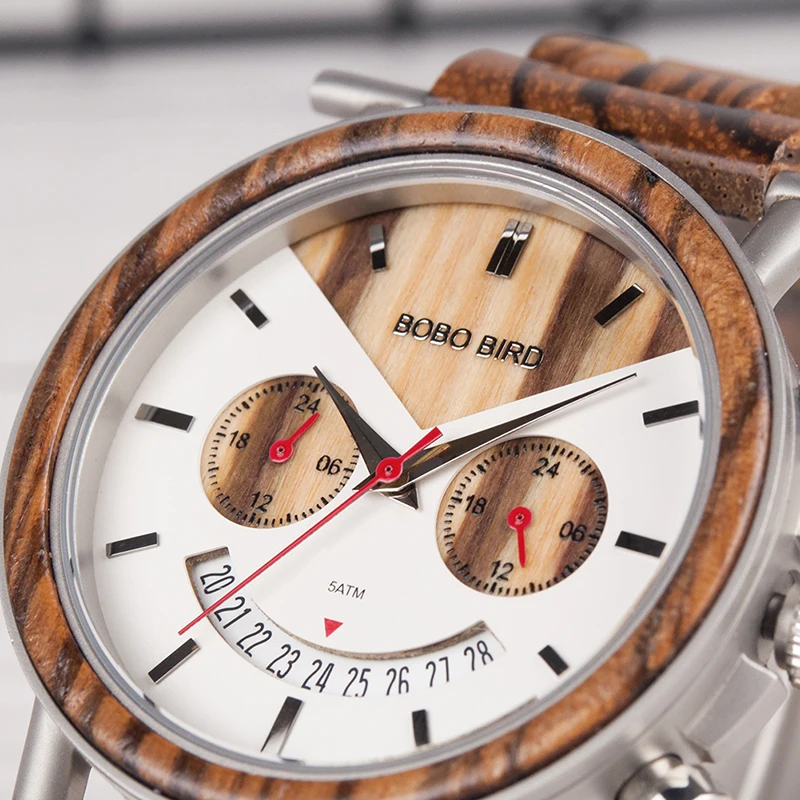 BOBO BIRD Men Watch Waterproof Wood Stainless Steel Wristwatch with Date and Multiple Time Zone relogio masculino V-R06