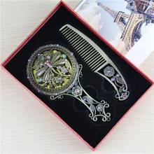 Handmade high quality hollow rhinestone ladies makeup mirror comb set hand mirror makeup tools home office use