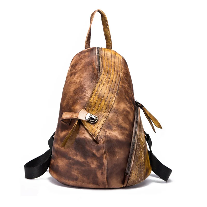 Kopen Hoge Kwaliteit Unisex Rugzak Travel Dagrugzak Casual Vrouwen Mannen Borstel Kleur Tas Retro Knapzak Koeienhuid Lederen Rugzak