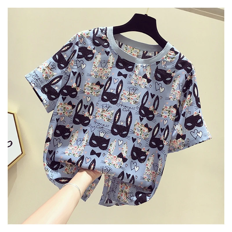 

New summer woman girl Cute sweet chiffon Blouse round neck short sleeve printed animal Cat Blouse Tops blusa plus size