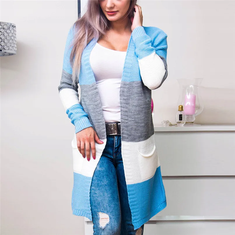 

Stripe Long Cardigan Women Sweater 2018 Autumn Long Sleeve Knitted Female Cardigan With Pockets Loose Casual Sweater #F#40OC24