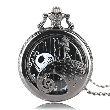 

The Nightmare Before Christmas Girl Hollow Pocket Watch Black Necklace Chain Women Men Causal Full Hunter Children Gift