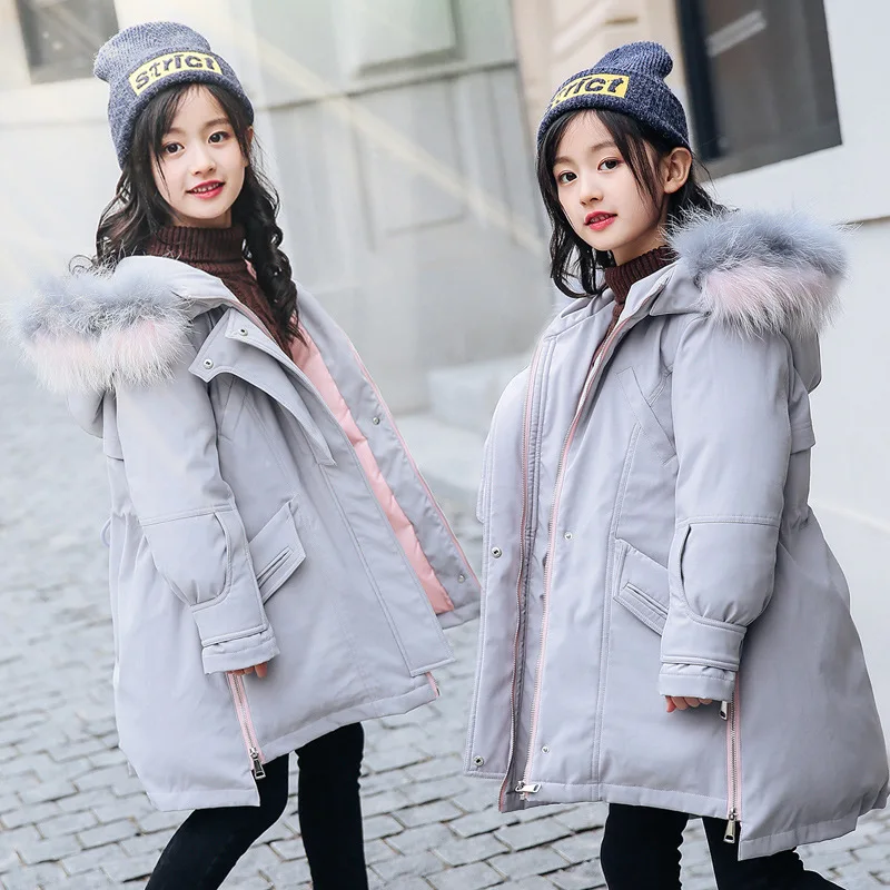 

2018 New Blue Children Winter Jacket Girl Winter Coat Kids Warm Thick Fur Collar Hooded long down Coats For Teenage 6 8 10 12 14