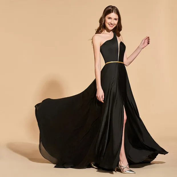 

Tanpell one shoulder split front prom dresses black floor length a line dress women empire formal evening plus custom prom gown