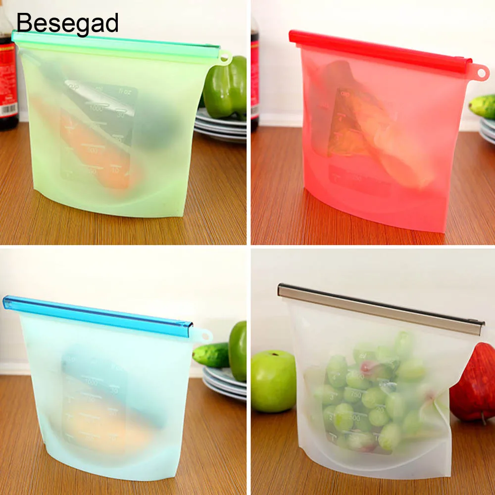 

Besegad 4pcs 1000ml Reusable Silicone Food Storage Bags with Seal Clips for Keeping Food Fresh Meat Sandwich Vegetables Fruits