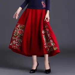 Модная женская длинная юбка в китайском стиле с цветочной вышивкой, Женская Осенняя, зимняя, весенняя, хлопковая, льняная плиссированная