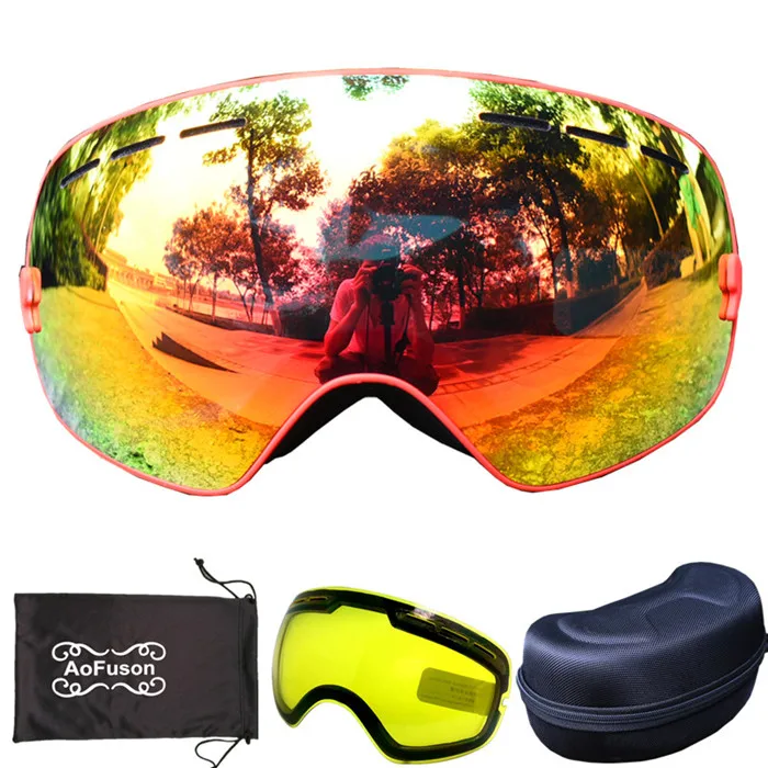 Брендовые лыжные очки для сноуборда и желтые линзы ночного видения и коробка двухслойные противотуманные сферические Лыжные маски большого видения Набор очков - Цвет: red frame Red Lens