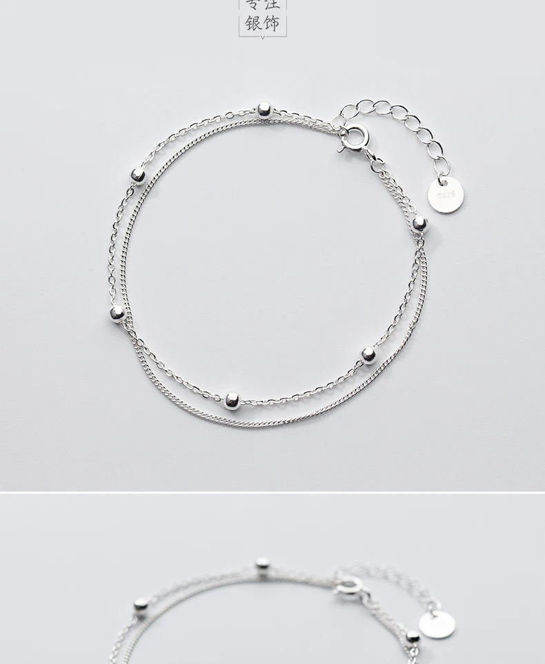LINDAJOUX Модные Двухслойные 925 пробы цепочка с серебряными бусинами браслет для женщин Регулируемая длина
