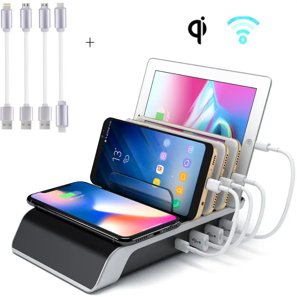 

Evfun Charging Station Organizer 5-in-1 Multiple Phone Charger Dock Stand with 1 QI Wireless Charging Pad and 4 USB Ports