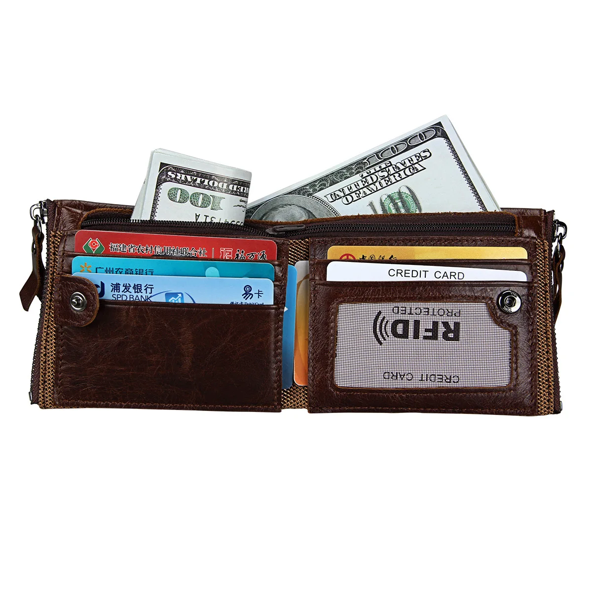 

sell like hot cakes! Crazy Horse Leather Men's Wallet Credit Card Holder Double Zipper Cowhide Leather Wallet Card Holder