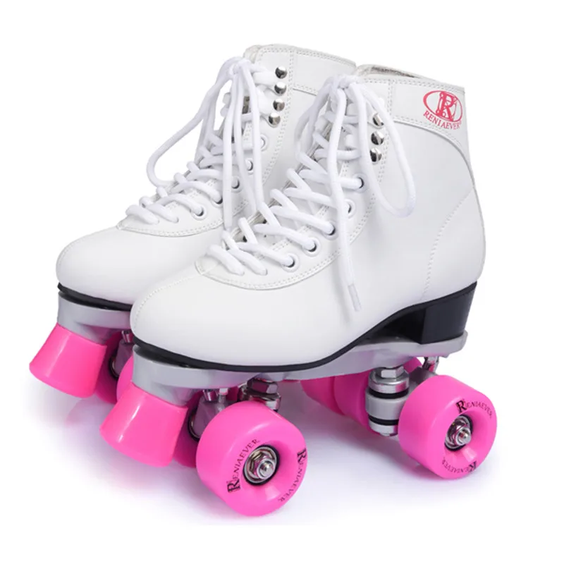 

New Double Roller Skates Shoes Figure Skating Two Line Female Patines Adulto White Cowhide Embossing PU Wheel 85A Sneakers IB16