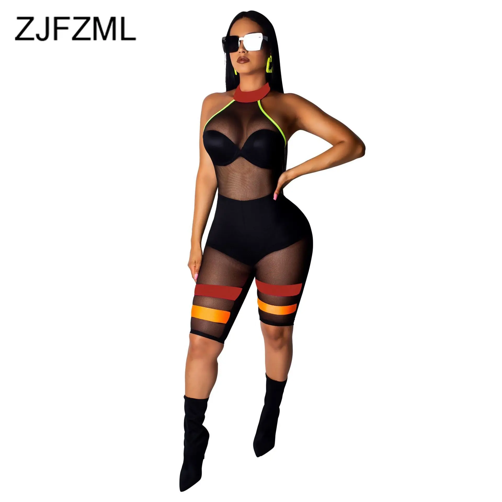 

Sheer Mesh Splice Sexy Plus Size Playsuit Women Off Shoulder Backless One Piece Overall Summer Halter Sleeveless Bodycon Catsuit