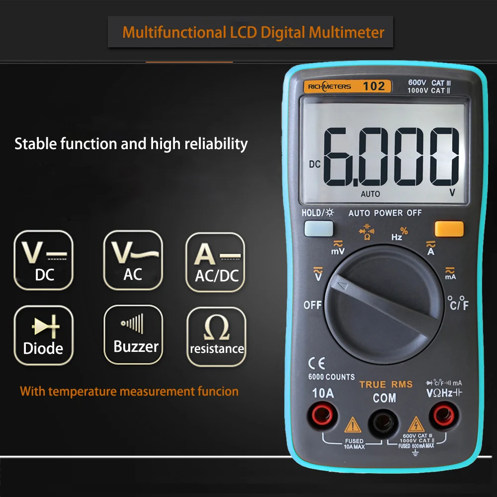 

RICHMETERS RM101 RM102 LCD Digital Multimeters DC AC Voltage Current Meter Resistance Diode Capacitance Tester Voltmeter Ohm