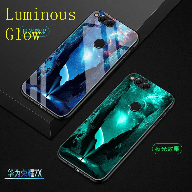 

Luminous Glow Case For Huawei Honor 7X Case 5.93" Tempered Glass Back Cover For Huawei Honor 7X Cover Silicone Phone Bag Fundas